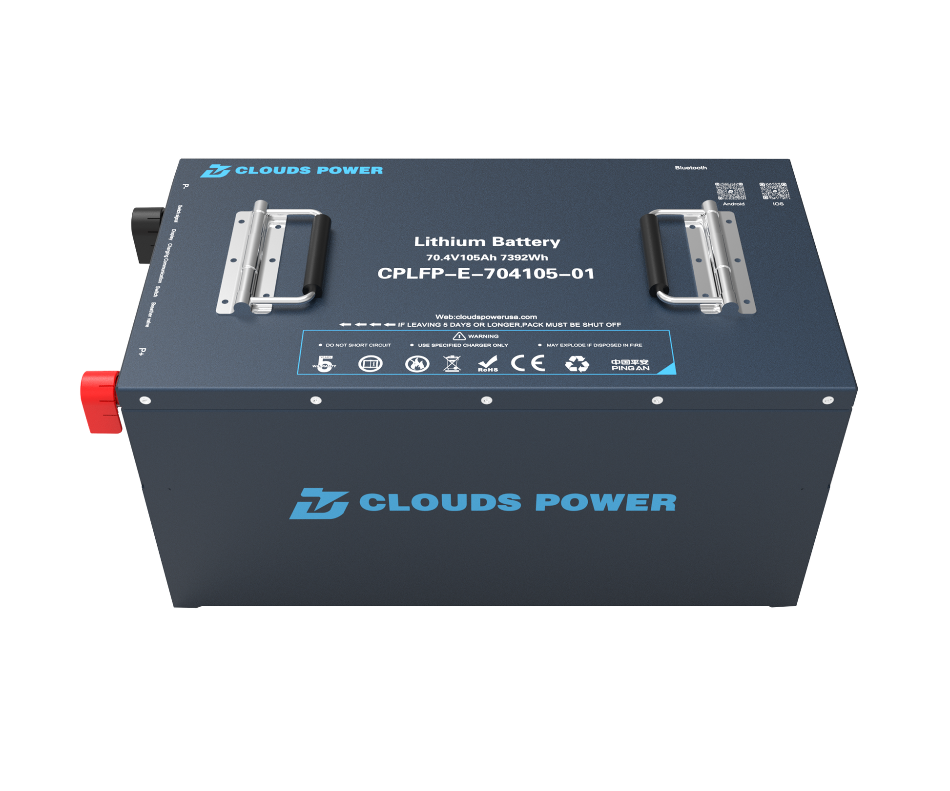 Clouds Power lithium golf cart battery on a white background