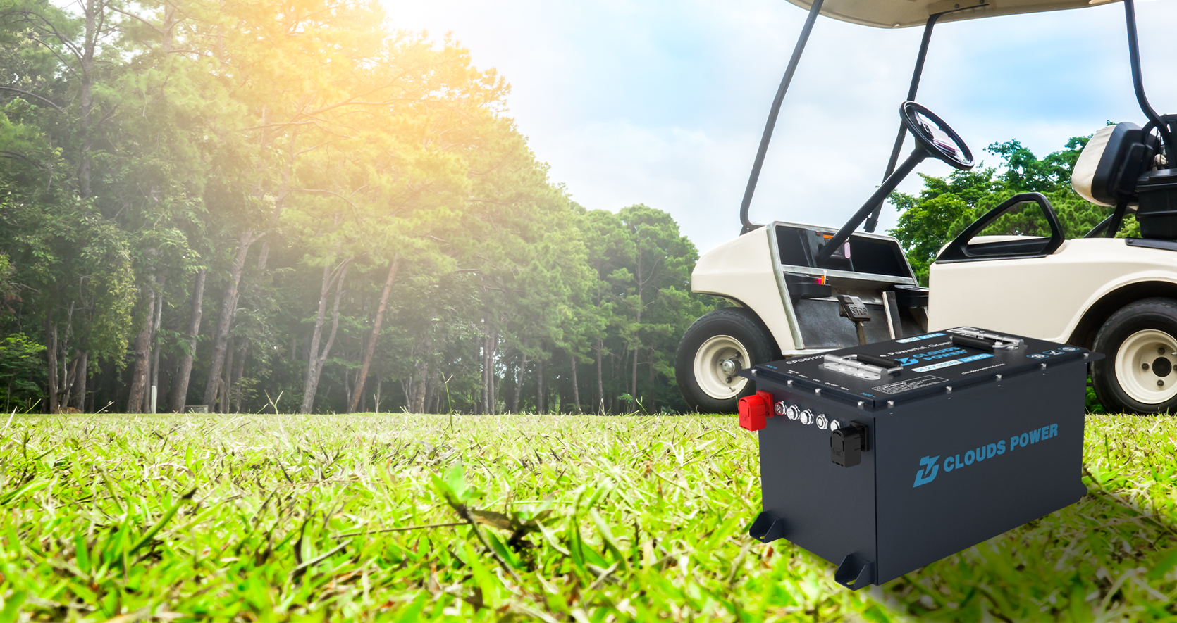 Golf cart with a lithium battery pack on a grassy area with trees in the background