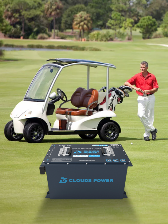 Golf cart on a golf course with a Clouds Power lithium battery pack in the foreground.