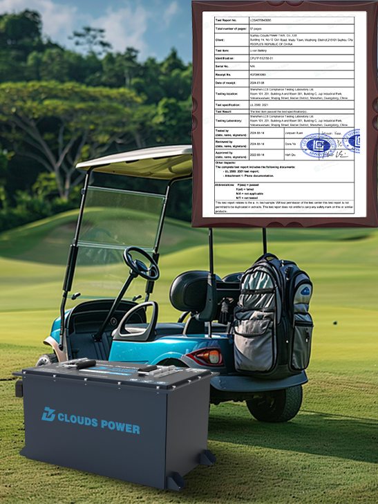 Golf cart on a golf course with a Clouds Power lithium battery pack and a certification poster in the background.