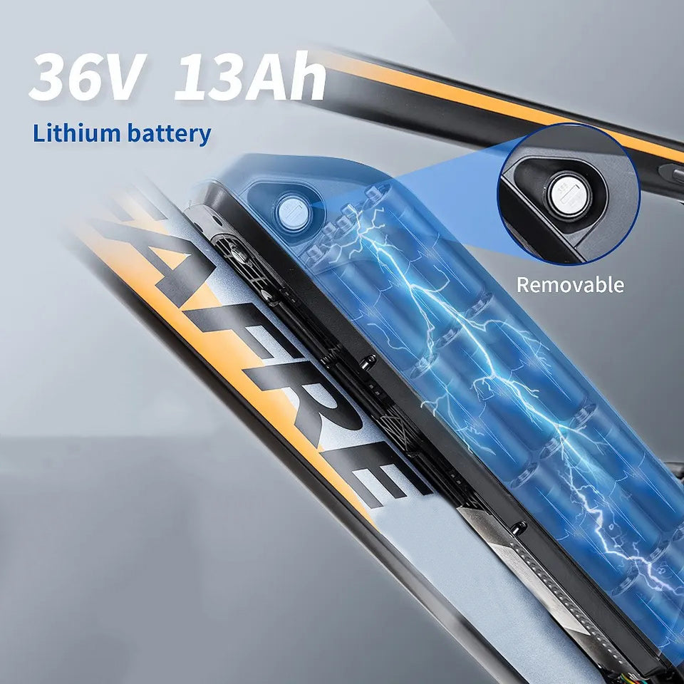 e-bike lithium battery pack with '36V 13Ah' label and 'Removable' feature, featuring the Clouds Power brand name