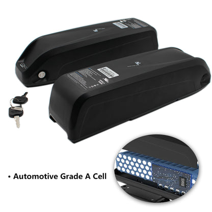 Black ebike battery pack with keys on a white background, featuring an inset showing a close-up of the battery cell.