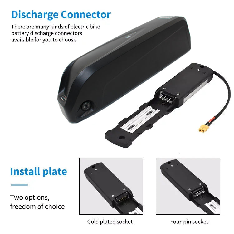 Electric bike battery discharge connector with install plate options on a white background