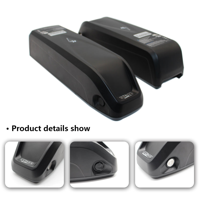 Two black 36v electric bike batteries with product details on a white background