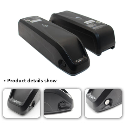 Two black 36v electric bike batteries with product details on a white background