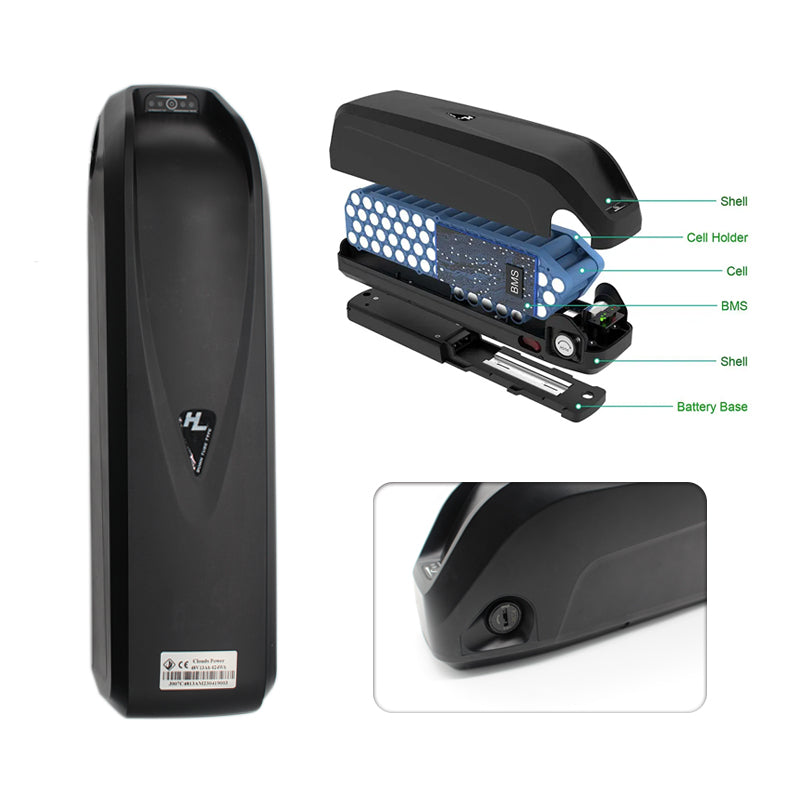 Black electric bike lithium battery with labeled components on a white background