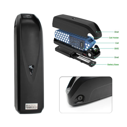 Black electric bike lithium battery with labeled components on a white background