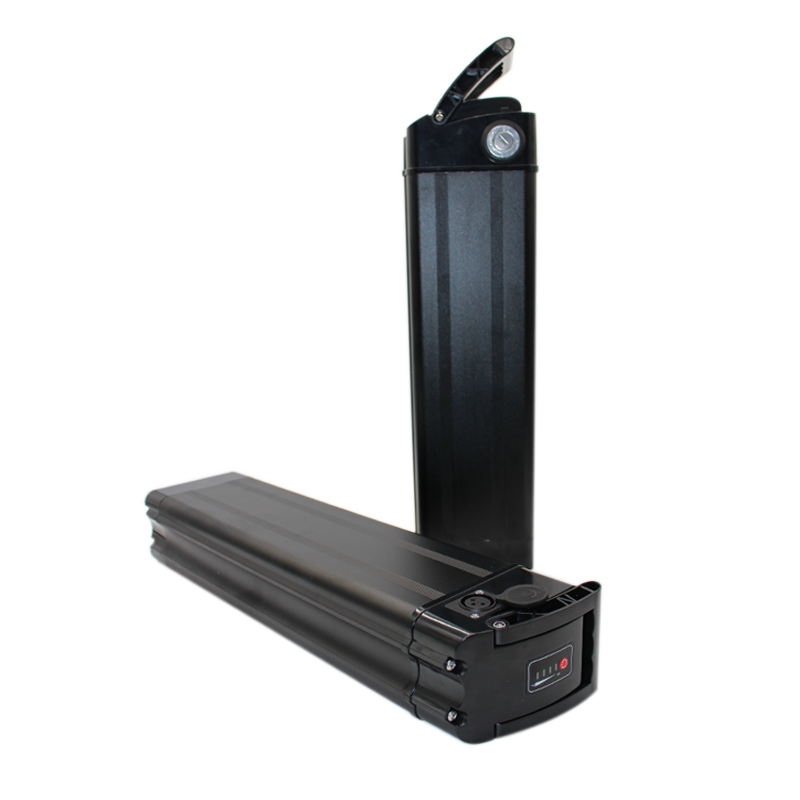 Black 48v e-bike battery pack on a white background