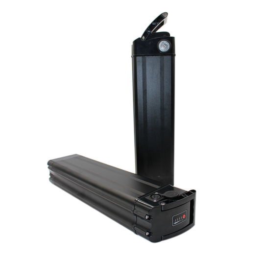 Black 48v e-bike battery pack on a white background