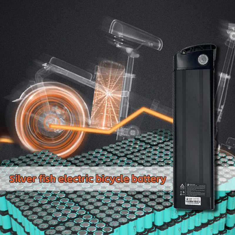 Electric bicycle battery with bicycle wheel illustration and 'Silver Fish' text on a dark background