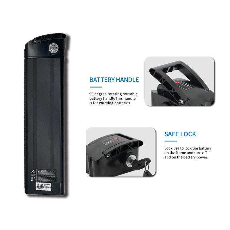 Black 48v e-bike battery handle with safe lock feature on a white background