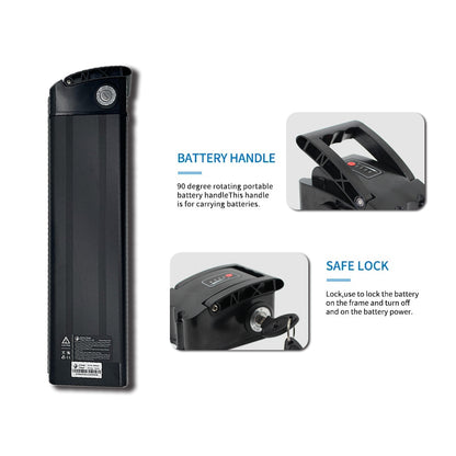 Black 48v e-bike battery handle with safe lock feature on a white background