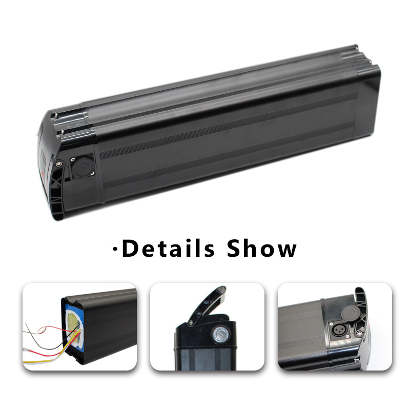 Black rectangular electric bike battery with close-up details on a white background