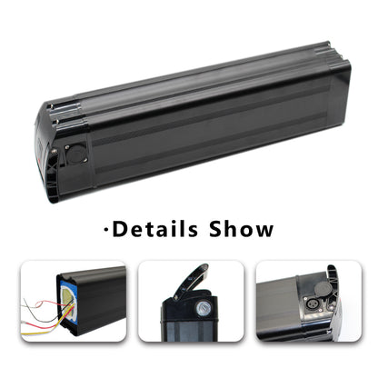 Black rectangular electric bike battery with close-up details on a white background