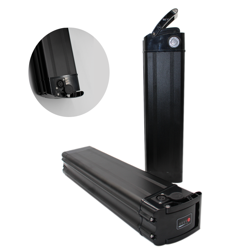 Black ebike lithium battery pack with close-up inset on a white background