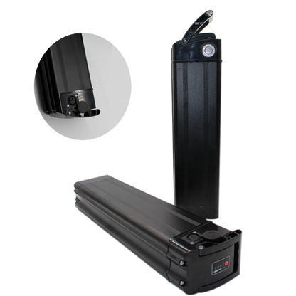 Black ebike lithium battery pack with close-up inset on a white background