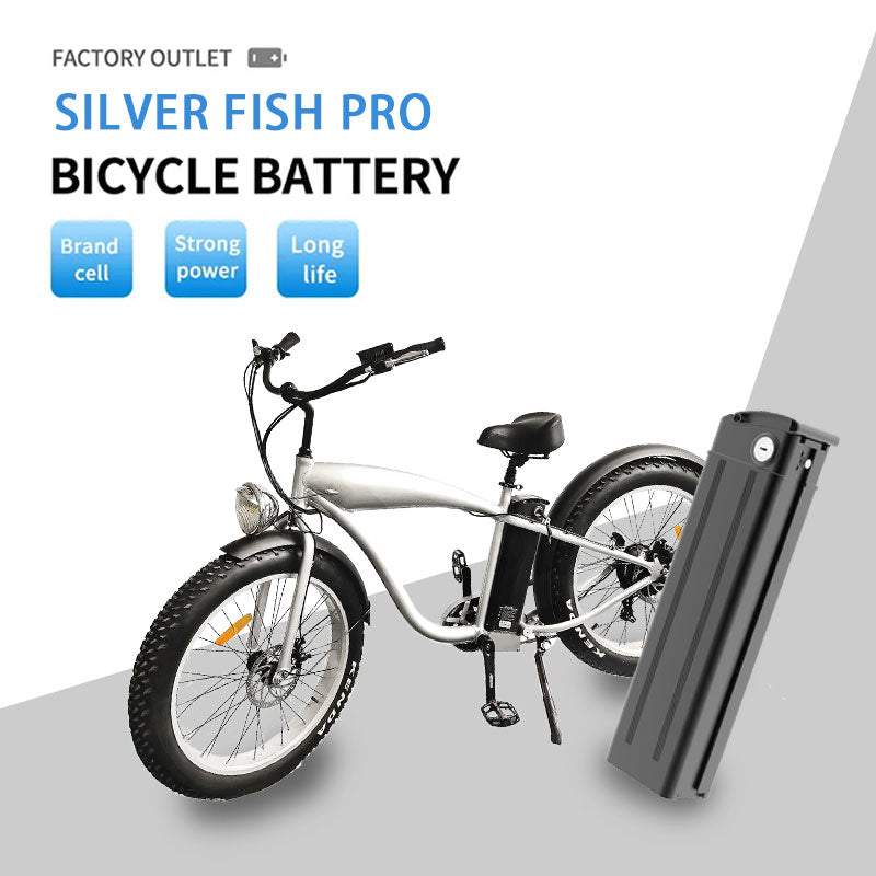 Electric bicycle with a lithium battery pack on a gray background, featuring the Silverfish brand.
