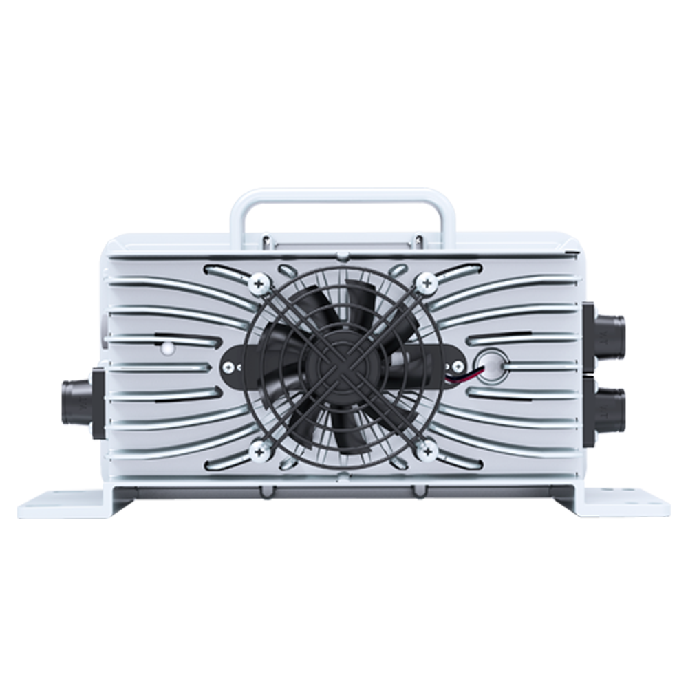 smart 48v 15a lithium battery charger with fan on a white background