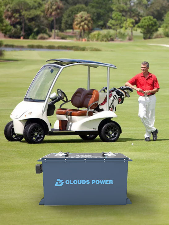 white golf cart with 51.2v 105ah battery